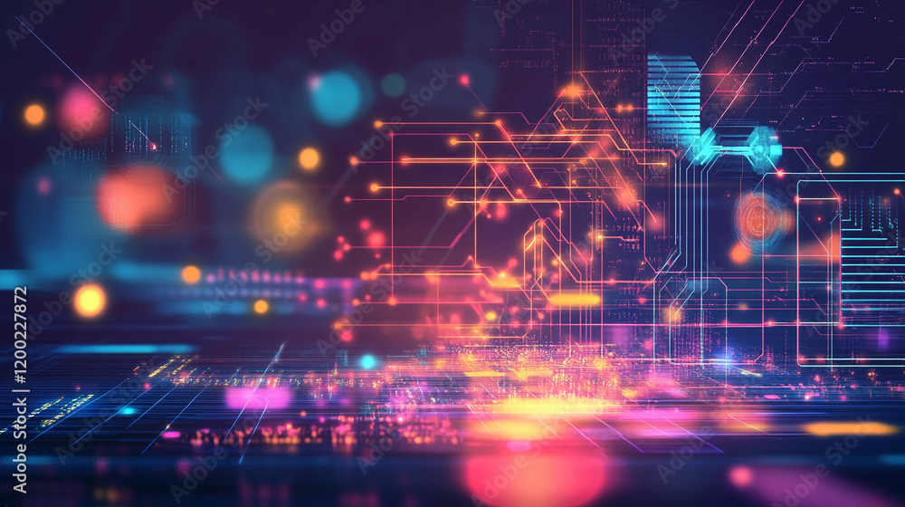Poster vibrant digital design showcasing abstract elements with colorful lights and patterns