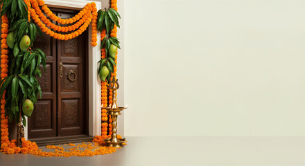 Festive decoration with mango leaves and marigold garlands, celebrating ugadi, the indian new year