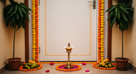 Mangoes, flowers, plants, and a lit oil lamp decorate a doorway for a traditional indian celebration