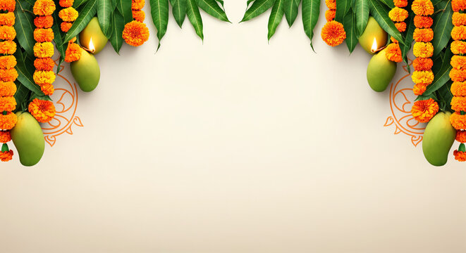 Mangoes, marigold flower garlands, and burning diyas frame a beige backdrop with rangoli designs, perfect for ugadi or other indian celebrations