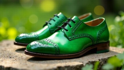 St. Patrick's Day celebration banner with Two green shoes with a green lace. The shoes are on a stone