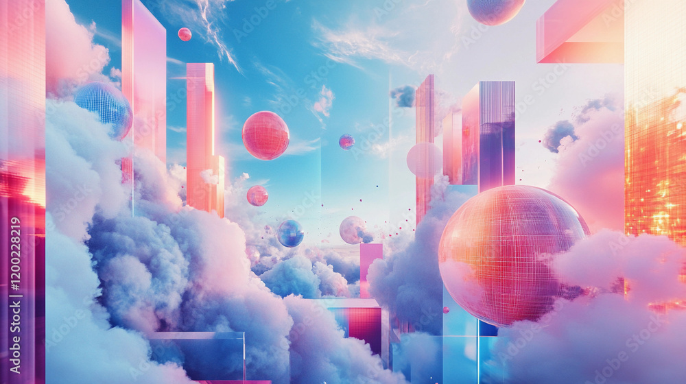 Aufkleber digital landscape featuring colorful geometric shapes and floating spheres. generative ai