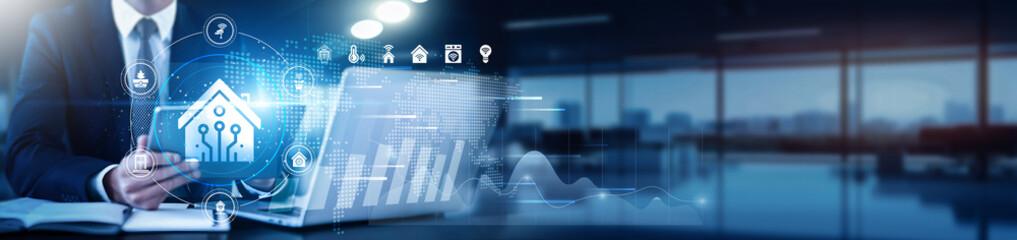 A smart home technician using a tablet with a digital interface overlay showing home automation controls, energy consumption data, technology graphs displaying efficiency, connectivity, performance.