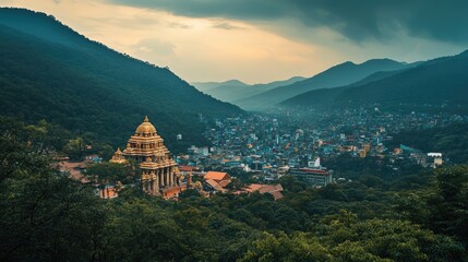 Fototapeta premium A view of the temple from a nearby hill, capturing the entire structure amidst the picturesque landscape of the Tirumala hills.