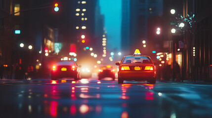 Nighttime cityscape with blurred car lights and reflections on wet streets. Generative AI
