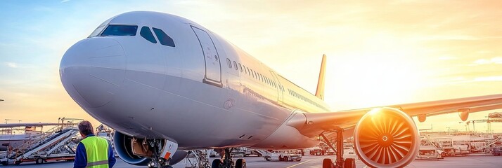 Modern Passenger Airline Jet Airliner Being Prepared for Takeoff at Sunset with Ground Crew
