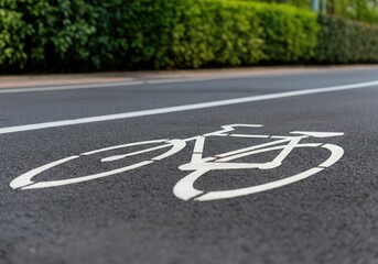 Obraz premium Close-up of white bicycle symbol indicating bike lane on asphalt road, promoting cycling and urban mobility
