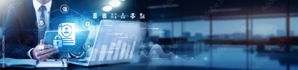 Poster data privacy expert using a tablet with a digital interface overlay showing security measures, encry