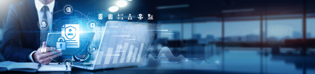 Data privacy expert using a tablet with a digital interface overlay showing security measures,...