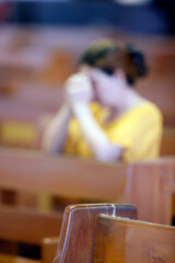 Tac Say Church, also known as Father Diep Church.  Woman praying Francis Xavier Truong Buu Diep a vietnamese martyr.  Bac Lieu. Vietnam. .