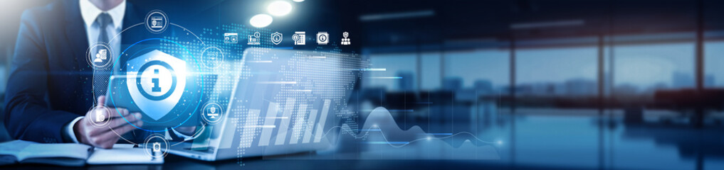 Information Security professional using a tablet with a digital interface overlay showing data...