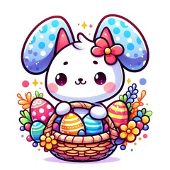 Fototapeta premium Cute little baby bunny celebrating Easter with a basket full of colorful painted Easter eggs