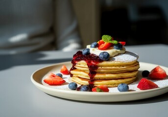 Pancakes lying on a plate are topped with whipped cream, blueberries, strawberries, and jam