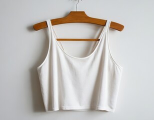 Casual white crop top hanging on a wooden hanger against a light wall.