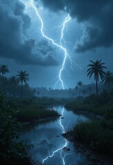 Lightning over tropical swamp with palm trees