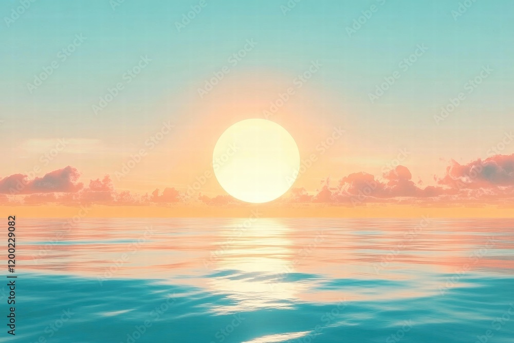 Fototapete Sunset over calm ocean waves with colorful clouds and sky reflecting warm hues at dusk. Generative AI