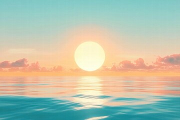 Sunset over calm ocean waves with colorful clouds and sky reflecting warm hues at dusk. Generative AI