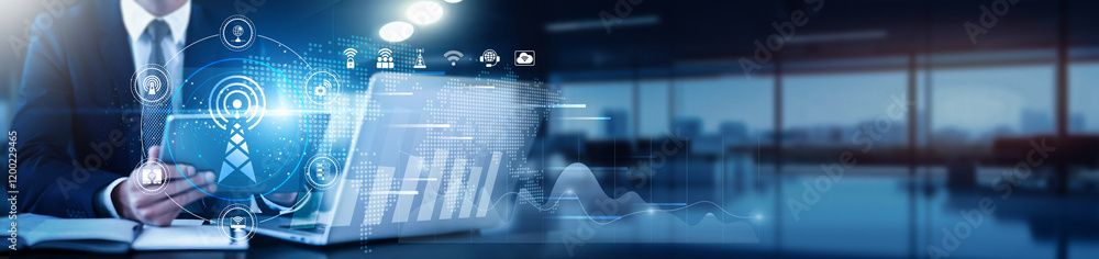Poster telecommunications professional using a tablet with a digital interface overlay showing network data