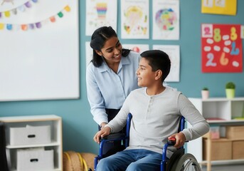 Smiling teacher helping a disabled student in a wheelchair, in a modern inclusive classroom