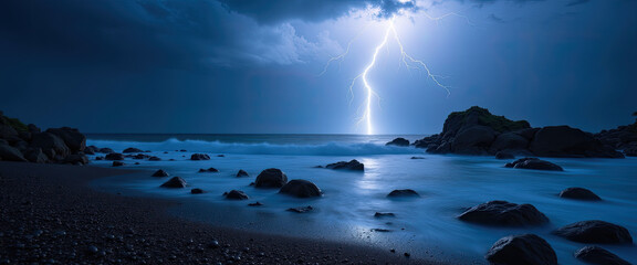 Coastal storm with lightning striking the shore