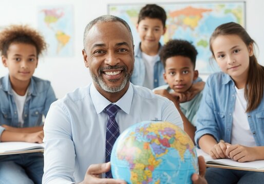 Geography teacher smiling and holding a globe in classroom with students learning geography - Powered by Adobe