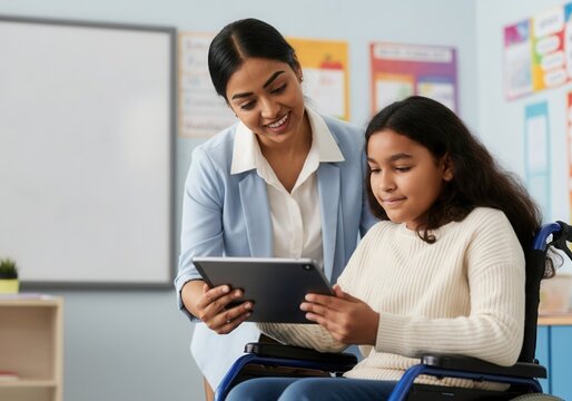 Smiling teacher assisting young disabled student using digital tablet in inclusive classroom