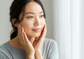 Portrait of a serene young woman gently touching her face, gazing thoughtfully out a bright window