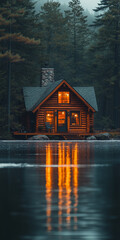 Fototapeta premium Wood Cabin in Winter Forest by Frozen River at Night