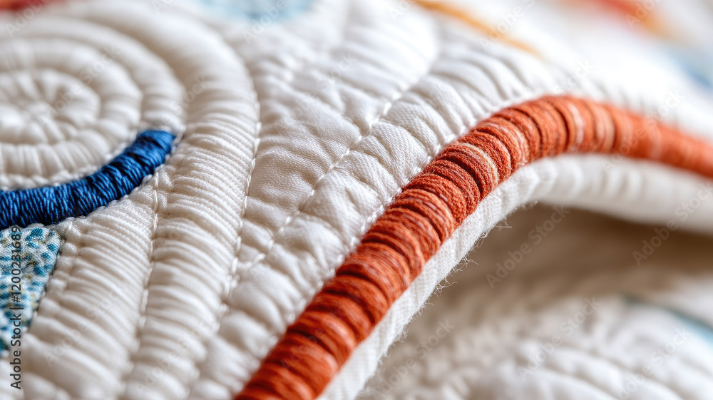 Poster close-up of stitching pattern on colorful quilt with intricate details and textures