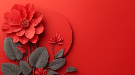 Red Aesthetic Background With 3D Rendered Paper Flower Decoration, Minimalist Chinese Style