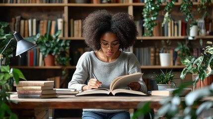Young african female studying in cozy library with books and plants