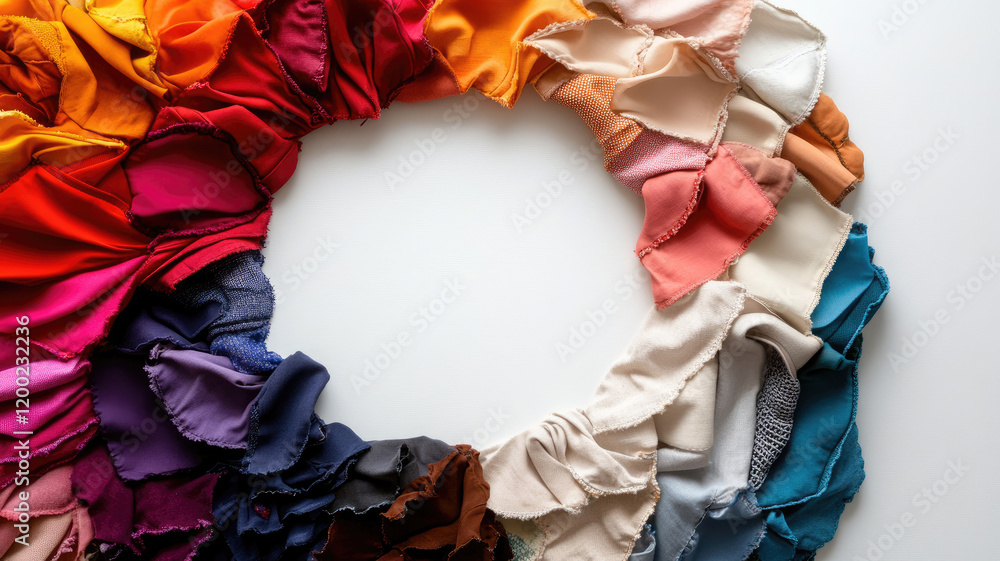 Poster various colorful fabric swatches arranged in circular pattern on light background