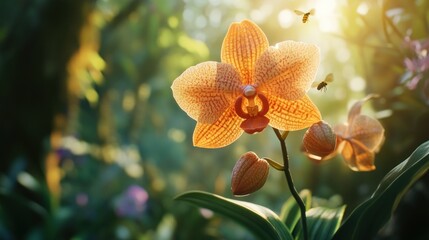 Fototapeta premium Orange orchid with bees at golden hour, in lush garden, possible for nature and background use