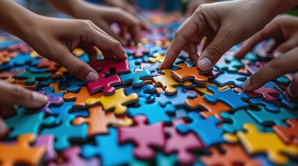Diverse hands solving colorful puzzle pieces collaboration teamwork