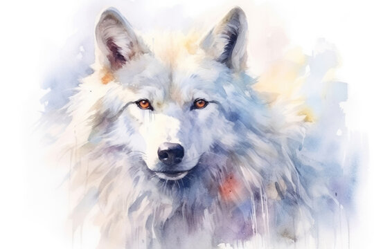 White wolf on white background, watercolor style, Generative AI
