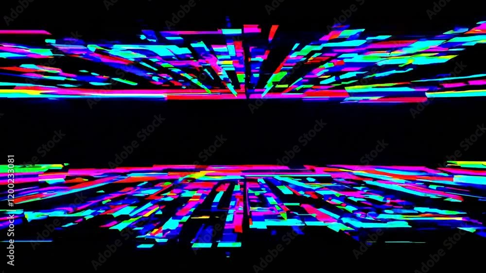 Poster dynamic and vibrant abstract digital art displaying multicolored lines and shapes radiating outward,