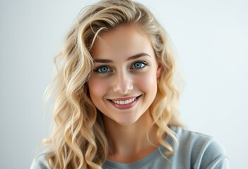 Naklejka premium Female portrait with blond hair and blue eyes, casual outfit, soft focus