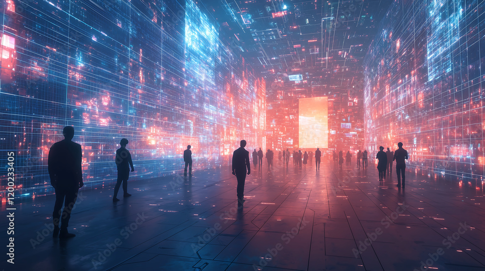 Poster futuristic digital landscape featuring glowing grids and immersive virtual spaces with silhouettes o