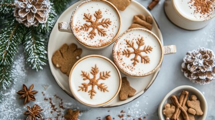 Fototapeta premium Vegan-friendly holiday dessert platter featuring gingerbread cookies and spiced lattes, styled with festive decor,