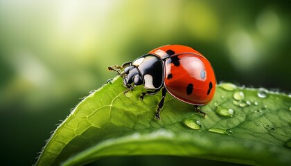 Fototapeta premium ladybug on a leaf with herbal green history