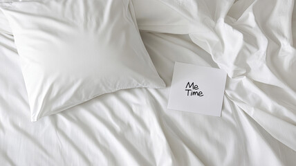 White bedding with pillow and card reading "Me Time" on it