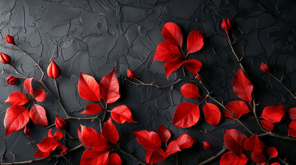 Red artificial leaves arranged on black backdrop