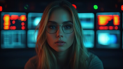 Focused young caucasian female with glasses in cyber control room