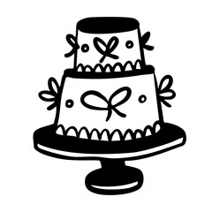 Wedding birthday party cake ribbon bows event greeting with candles, cream, decoration hand drawn doodle sketch.
