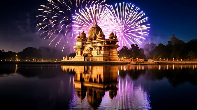 Hindu temple with fireworks.