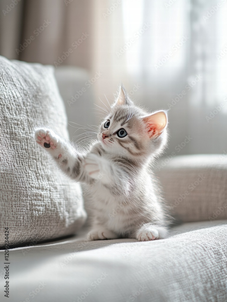 Aufkleber playful kitten enjoying sunny afternoon in cozy living room and exploring soft sofa textures. genera