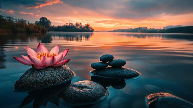 Serene sunset over a tranquil lake showcasing a lotus flower and stacked stones