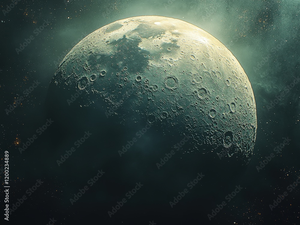 Poster a dark and atmospheric image of the moon's surface with craters and a greenish tint. ideal for space