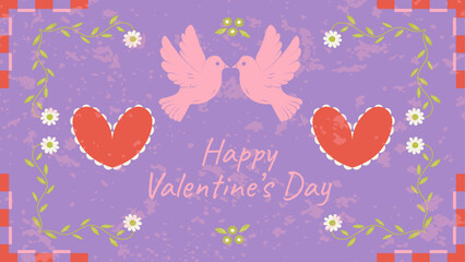 Ornate Happy Valentine's day Background with hearts flowers and birds, simple and minimal vintage artistic templates.
