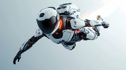 A futuristic robot astronaut equipped with a jetpack, showcasing advanced technology and a sleek, humanoid design in a dynamic flying pose. Futuristic Robot Design. Illustration